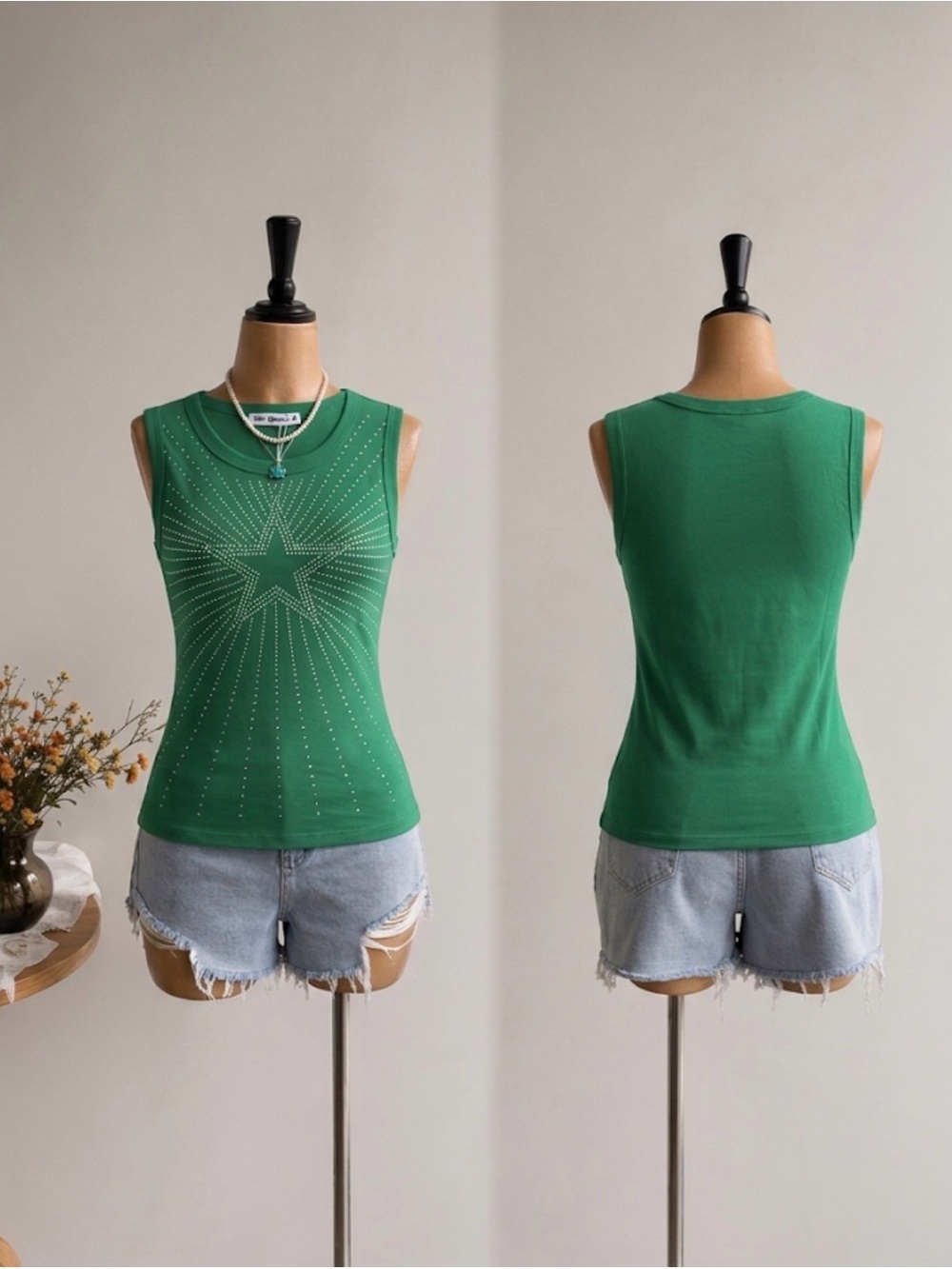 Green Star Studded Sleeveless Tank Top